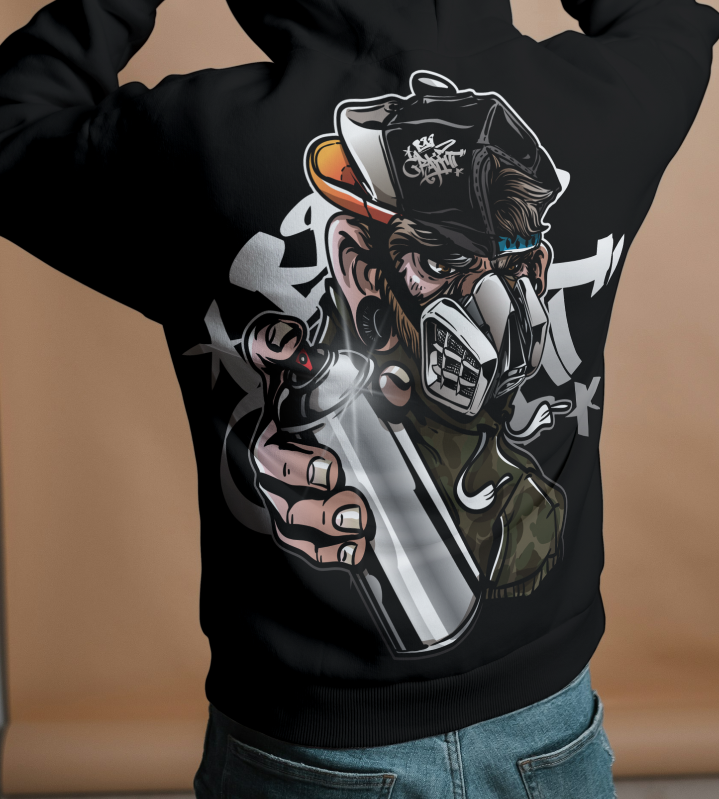 Masked Graffiti Oversized Hoodie – Black Edition